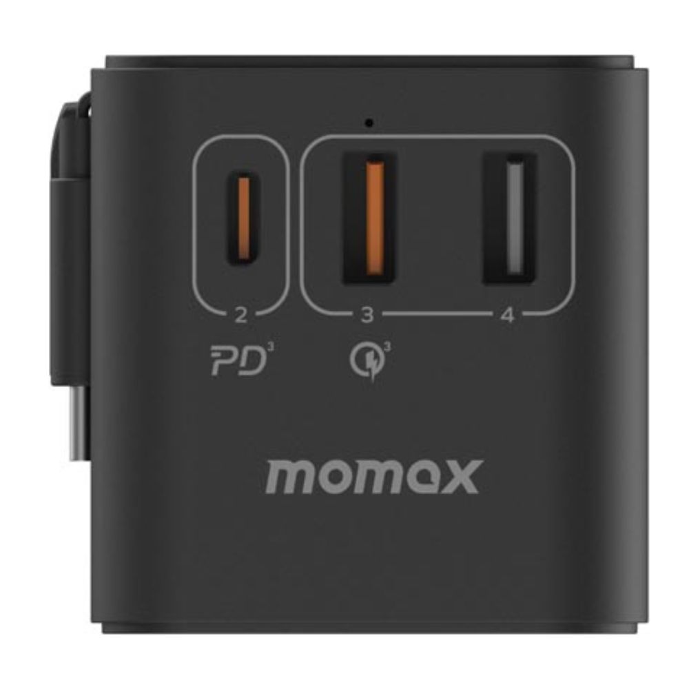 Momax 1-World+ 70W GaN 3-Port w/ Built-in USB-C Cable + AC Travel Adaptor (Black)