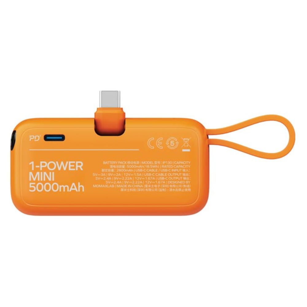 Momax 1-Power Mini 5000mAh Bulit-in foldable USB-C Battery pack (Orange)