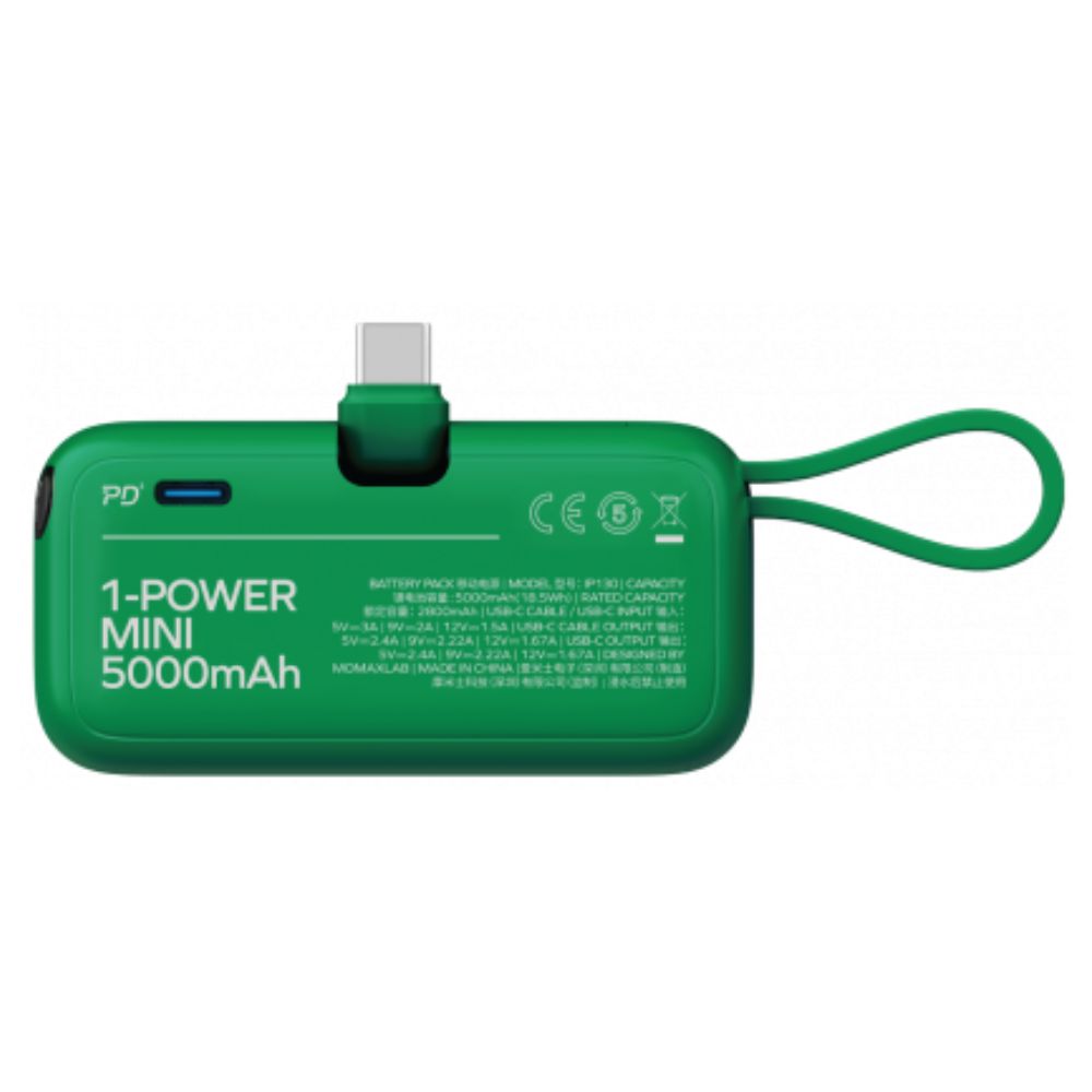 Momax 1-Power Mini 5000mAh Bulit-in foldable USB-C Battery pack (Green)