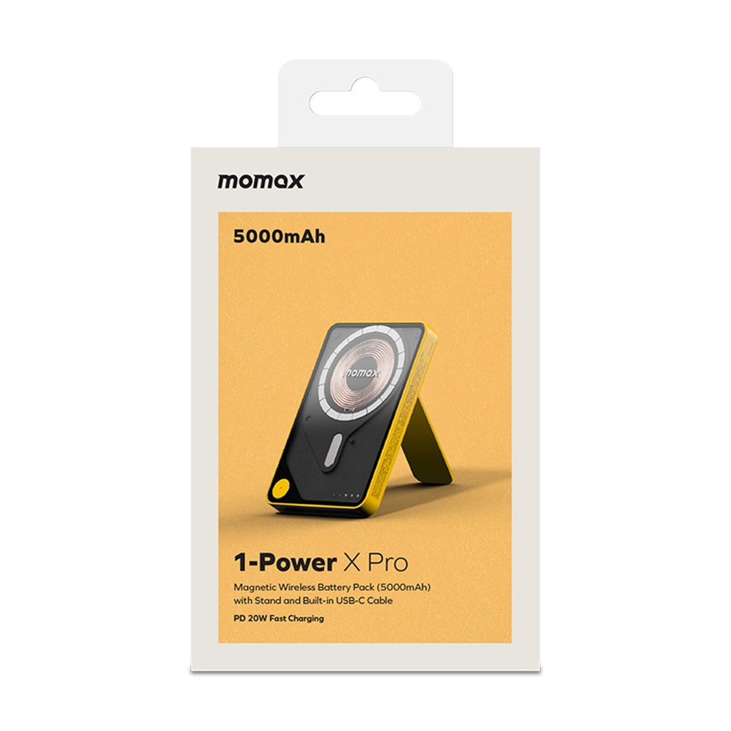 Momax 1-Power X Pro Magnetic Wireless Battery Pack (5000mAh) with Stand and Built-in USB-C Cable (Yellow)