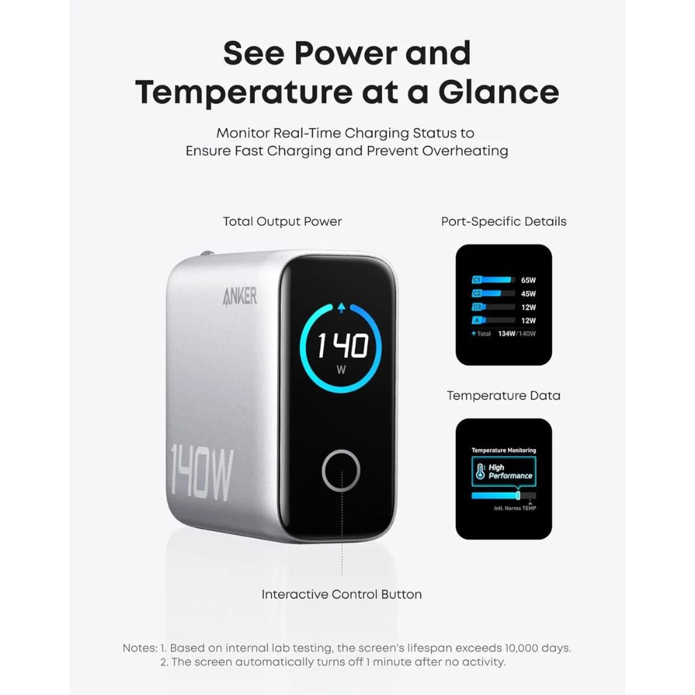 Anker Charger (140W, 4-Ports, PD 3.1) with USB-C Cable (Silver)