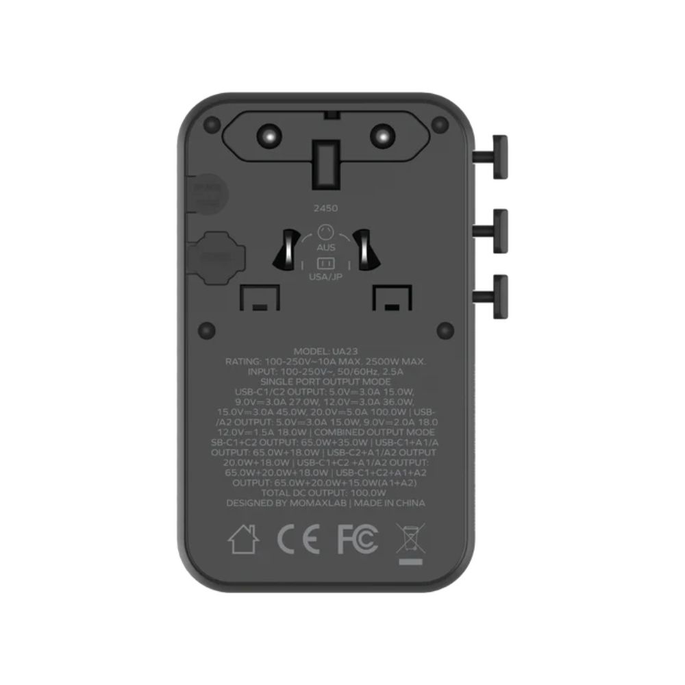 Momax 1-World2 100W 4-Port USB-C Dual AC Travel Adaptor (Black)