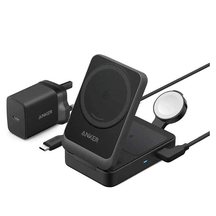 Anker MagGo Wireless Charging Station (15W, Foldable 3-in-1) (Black)