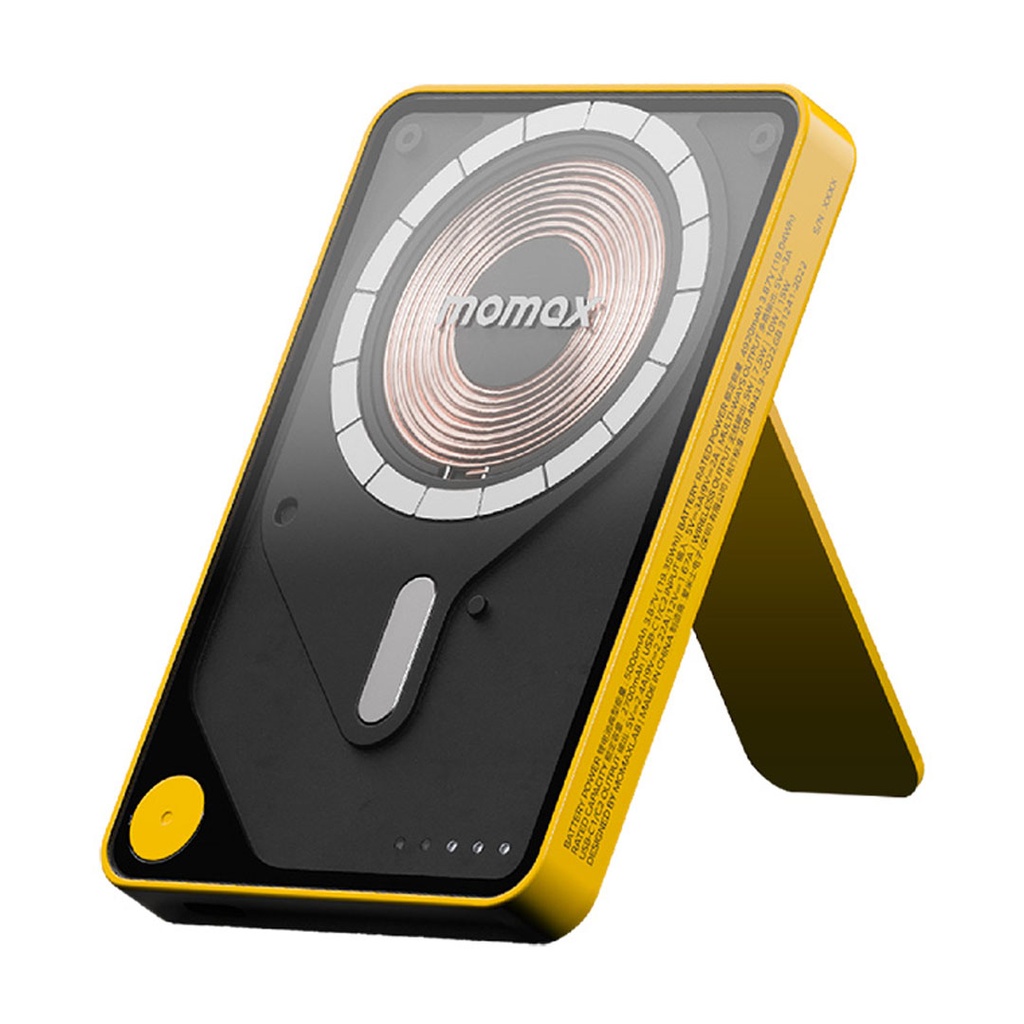 Momax 1-Power X Pro Magnetic Wireless Battery Pack (5000mAh) with Stand and Built-in USB-C Cable (Yellow)