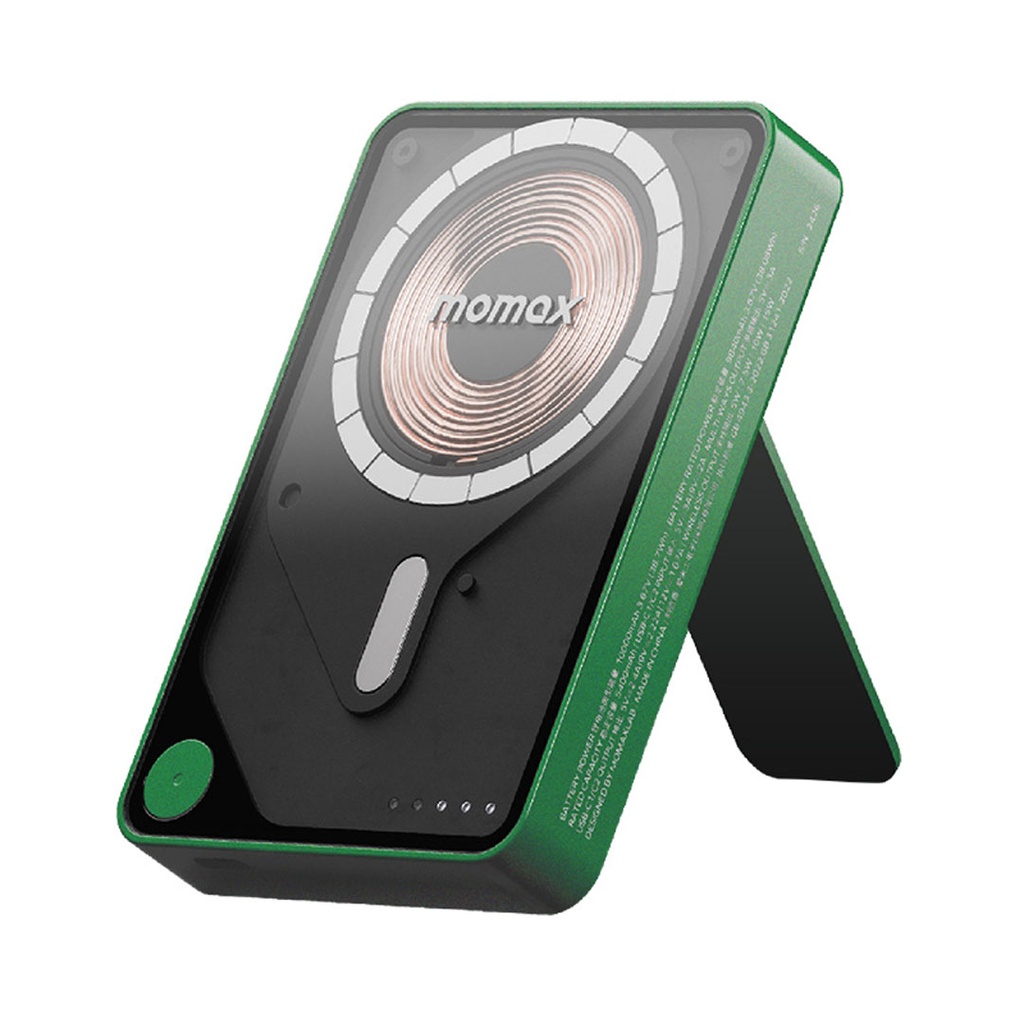 Momax 1-Power X Pro+ Magnetic Wireless Battery Pack (10000mAh) with Stand and Built-in USB-C Cable (Green)