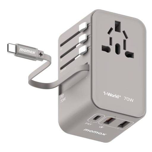 [UA18E] Momax 1-World+ 70W GaN 3-Port w/ Built-in USB-C Cable + AC Travel Adaptor (Grey)