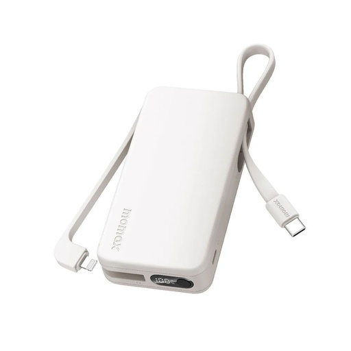 [IP138MFIW] Momax 1-Power Vital+ 10000mAh Battery Pack with Built-in USB-C and Lightning Cable (White)